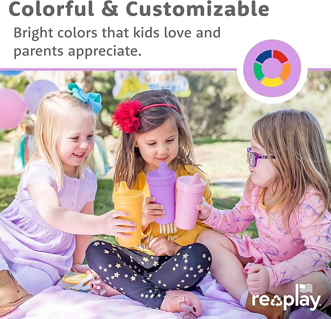 Re-Play Sippy Cups for Toddlers - 10 Oz. Reusable Spill Proof Cups for Kids, Dishwasher/Microwave Safe - Made in USA - Set of 6-3.13" x 6.25" - Crayon Box