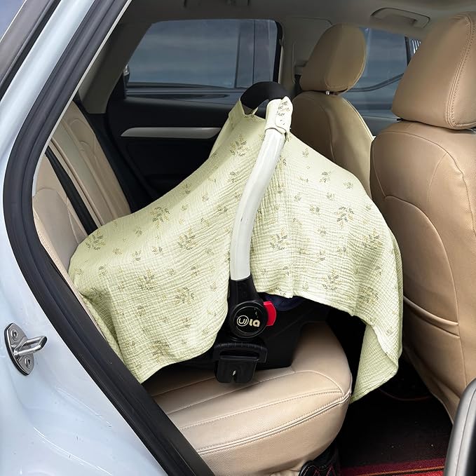 100% Muslin Cotton Car Seat Cover Baby, Carseat Canopy Cover, Universal Fit Stroller Covers for Boys and Girls (Green Beige Leaf)
