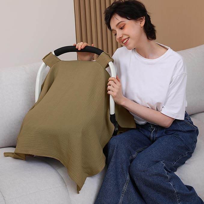 100% Muslin Cotton Car Seat Cover Baby, Carseat Canopy Cover, Universal Fit Stroller Covers for Boys and Girls (Coffee)