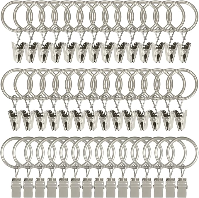 100 Pack Matte Silver Curtain Rings with Clips, Curtain Hooks Hangers Clip Rings for Hanging Drapes Bows Hat, Drapery Rings 1 in I D, Fits up to 5/8 in Diameter Curtain Rod.