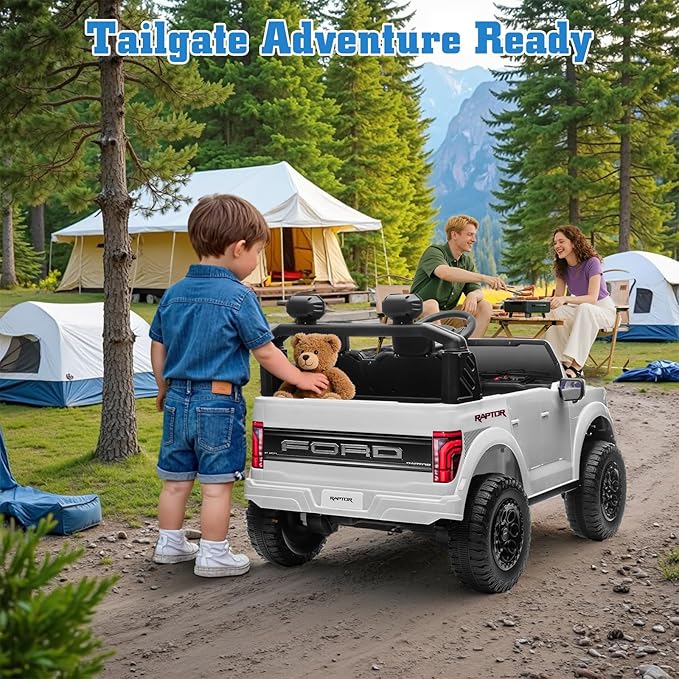 24V Ride on Car Licensed Ford F-150 Raptor, Kids Electric Car with Remote Control, LED Light/Music/MP3, Truck Bed Storage, 3-Point Seat Belt (24V, White)