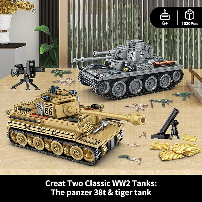 1030 Piece WW2 Army Tanks Toy Building Sets,Create a German Panzer 38T and a German Tiger Tank Toys,Adult Collectible Model Tanks Sets to Build,Christmas Birthday Gifts for Boys,Teens,Adults