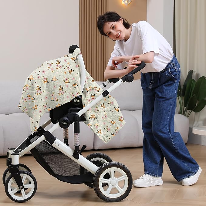 100% Muslin Cotton Car Seat Cover Baby, Carseat Canopy Cover, Universal Fit Stroller Covers for Boys and Girls (Beige Floral)