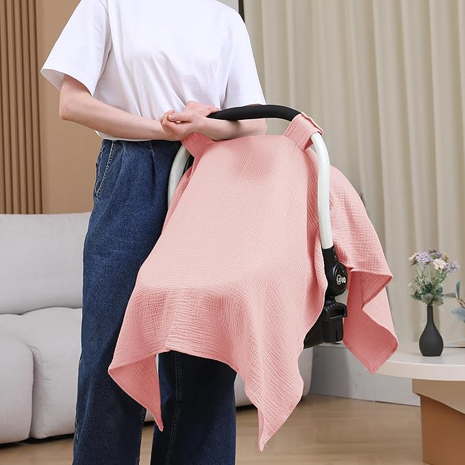 100% Muslin Cotton Car Seat Cover Baby, Carseat Canopy Cover, Universal Fit Stroller Covers for Boys and Girls (Pink)