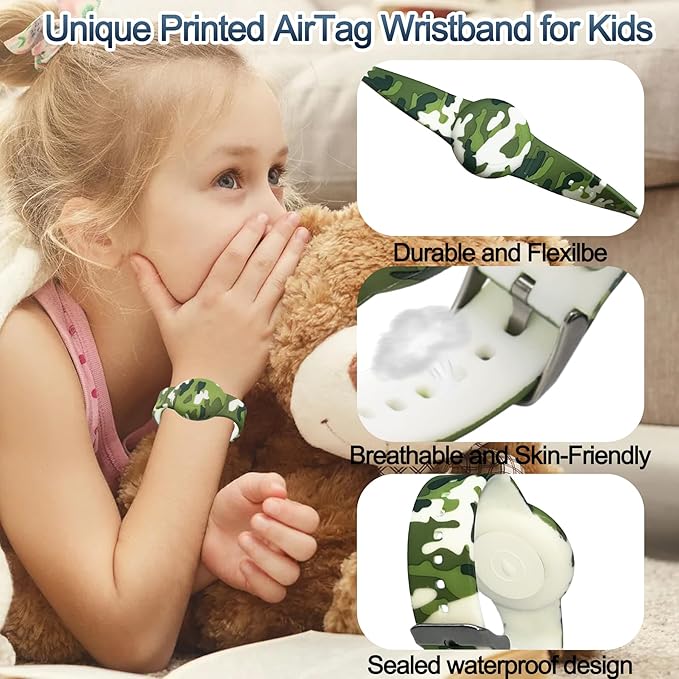 2 Pack Waterproof AirTag Bracelet for Kids, Hidden Printed Wristband for Apple Air Tag, Silicone AirTag Holder GPS Tracker Case for Band for Child Toddler, Secure Anti-Lost Protection(Camouflage)