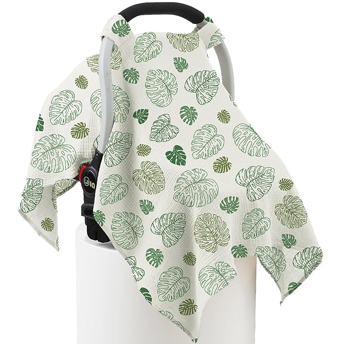 100% Muslin Cotton Car Seat Cover Baby, Carseat Canopy Cover, Universal Fit Stroller Covers for Boys and Girls (Monstera Green)