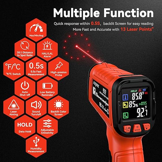 -58°F to 2732°F Infrared Thermometer Temperature Gun with Thermocouple Probe, 50:1 Laser Temperature Gun for Humidity Measurement, BBQ, AC, High Temp Gun for Engine, Kiln, Forging, Industrial Use