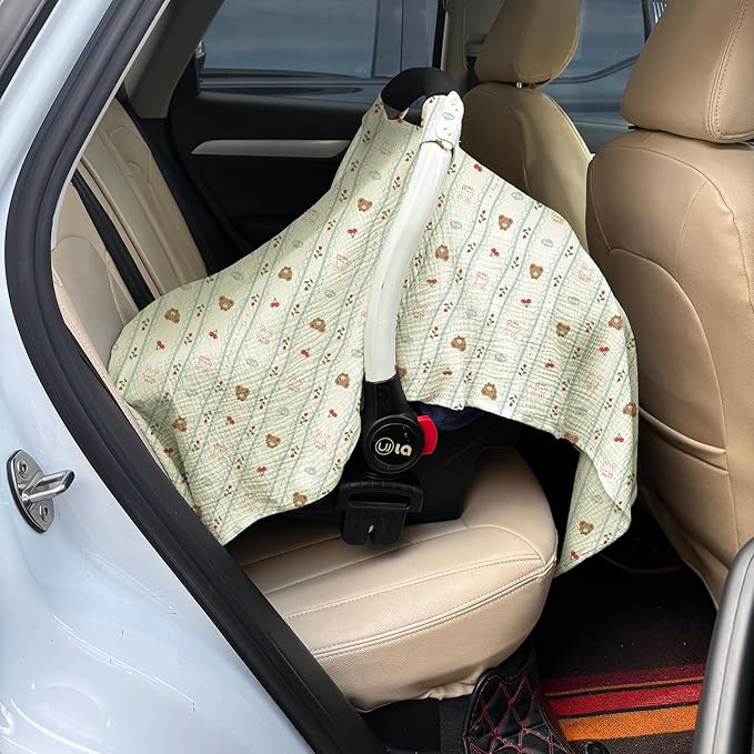 100% Muslin Cotton Car Seat Cover Baby, Carseat Canopy Cover, Universal Fit Stroller Covers for Boys and Girls (Nice Day)