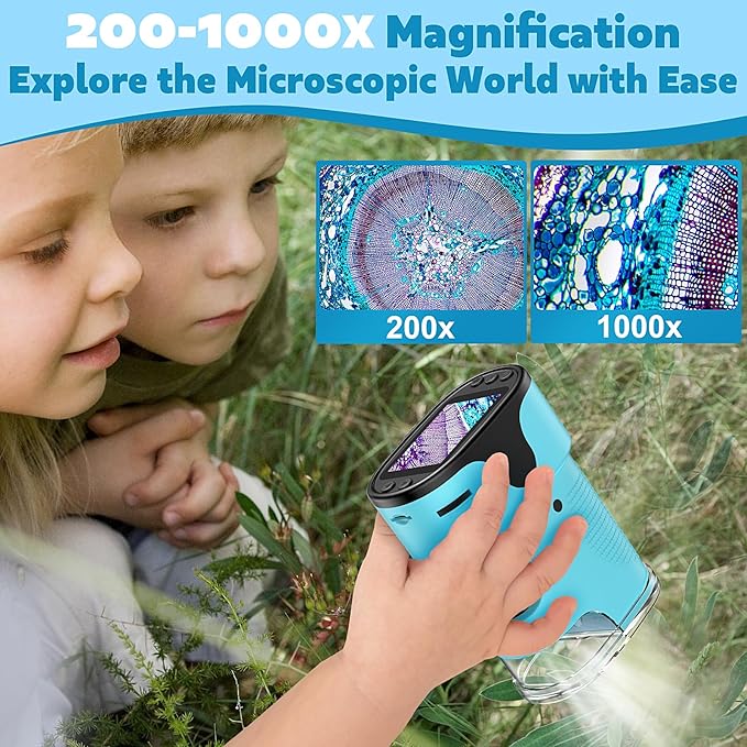 1000X Pocket Microscope for Kids - 4K 2.0" Screen, Digital Mini Scope with Slides Kit, Rechargeable Lab Handheld Portable Microscopes for Kids 4-12 Students Teens