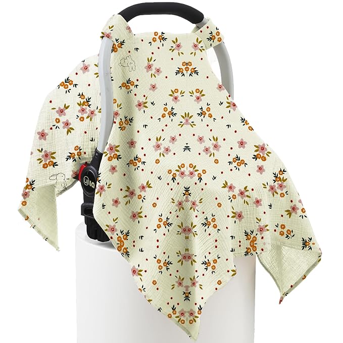 100% Muslin Cotton Car Seat Cover Baby, Carseat Canopy Cover, Universal Fit Stroller Covers for Boys and Girls (Beige Floral)