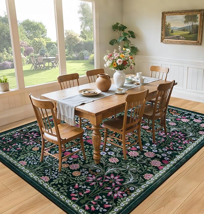 10x12 Area Rugs for Living Room: Floral Washable Rug Vintage Large Soft Boho Non-Slip Carpet Stain Resistant Low Pile Carpets for Bedroom Dining Room Farmhouse Nursery Hallway Home Office Dark Green