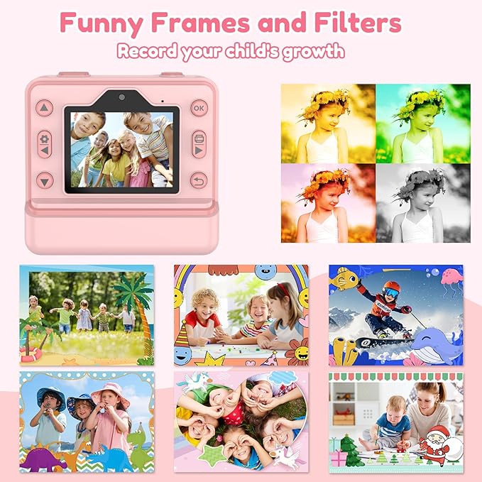 Kids Camera Instant Print, Dual-Lens Selfie Camera for Kids with 1080P Videos, 2.4 Inch Screen, 32GB SD Cards & 3 Rolls Print Paper, Christmas Birthday Gifts for Girls Age 3-12