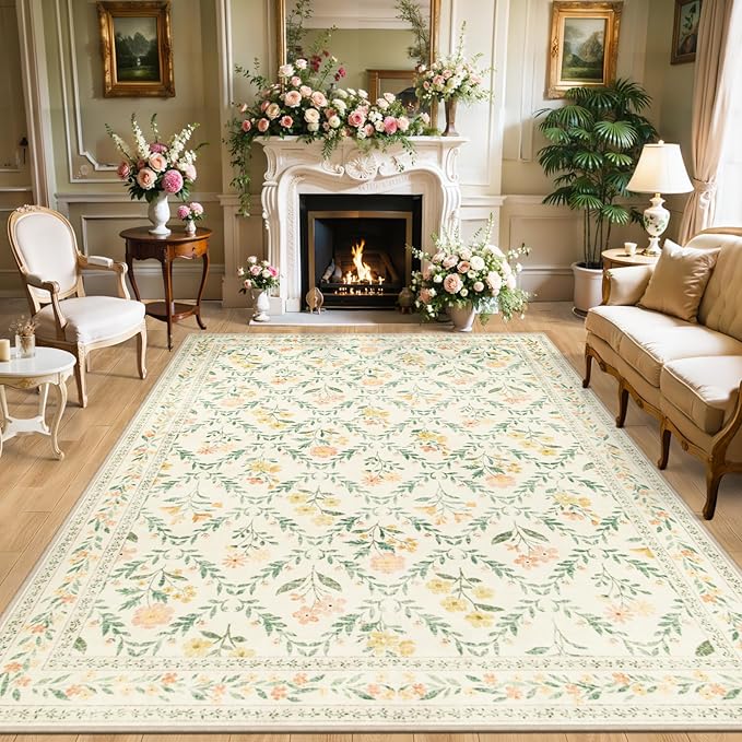 10x12 Area Rugs for Living Room: Floral Washable Rug Vintage Large Soft Boho Non-Slip Carpet Stain Resistant Low Pile Carpets for Bedroom Dining Room Farmhouse Nursery Hallway Home Office Beige/Multi