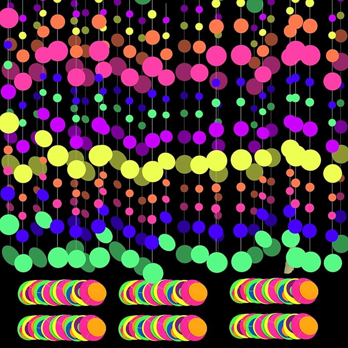 108ft UV Round Dot Neon Paper Streamers - Glow in The Dark Party Favors & Decorations for Wedding & Birthday Parties