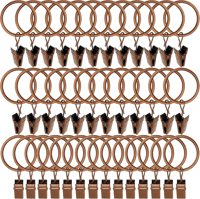 100 Pack Antique Copper Curtain Rings with Clips, Curtain Hooks Hangers Clip Rings for Hanging Drapes Bows Hat, Drapery Rings 1.26 in I D, Fits up to 1 in Diameter Curtain Rod.