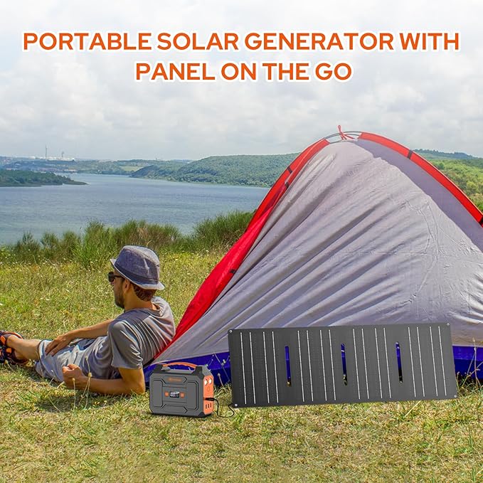 100W Portable Power Station with Foldable Solar Panel, 110V Power Bank with AC Outlet, Rechargeable Battery Generator Power supply for Outdoor, Camping, RV, Travel, Emergency Backup