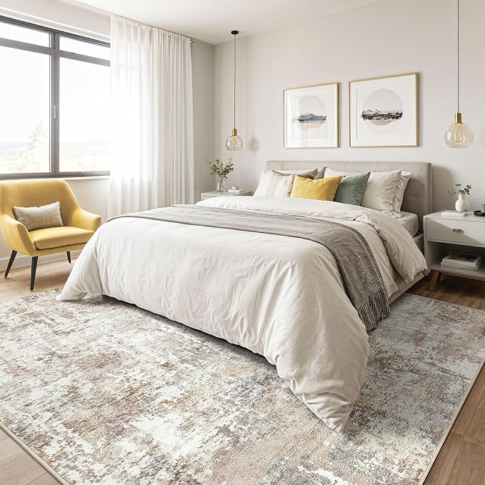 10x14 Area Rugs Living Room: Washable Large Abstract Modern Soft Rug Stain Resistant Indoor Floor Non Slip Accent Carpet for Bedroom Nursery Playroom Office Dining Room Dorm Home House- Brown