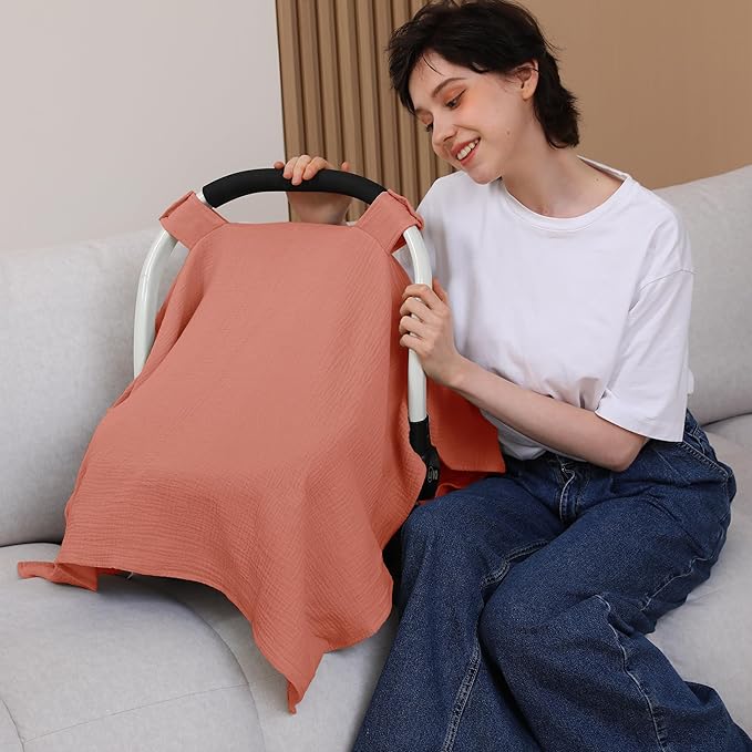 100% Muslin Cotton Car Seat Cover Baby, Carseat Canopy Cover, Universal Fit Stroller Covers for Boys and Girls (Blush)