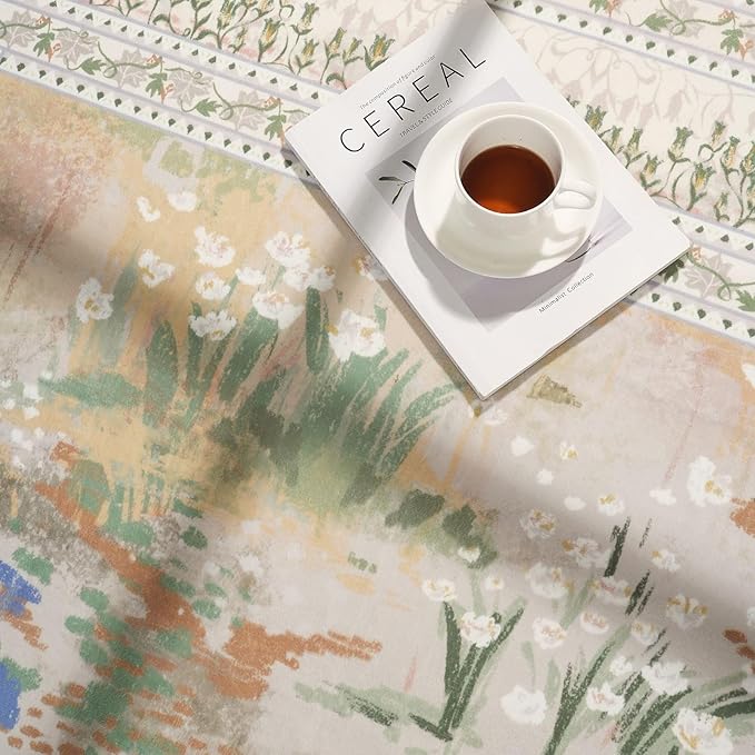 3x5 Washable Rug Impressionist-Style Vintage Non Slip Low Pile Small Carpet for Bedroom Bedside Kitchen Entryway Kids Room Office College Dorm Essentials for Girls, Beige