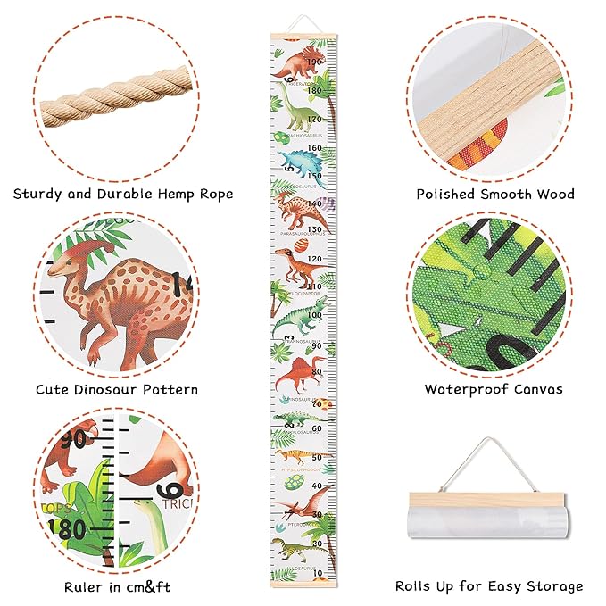 Kids Dinosaur Growth Chart Height Measuring Chart, Canvas Wall Hanging Rulers for Baby Children Kids Boys Bedroom Decor