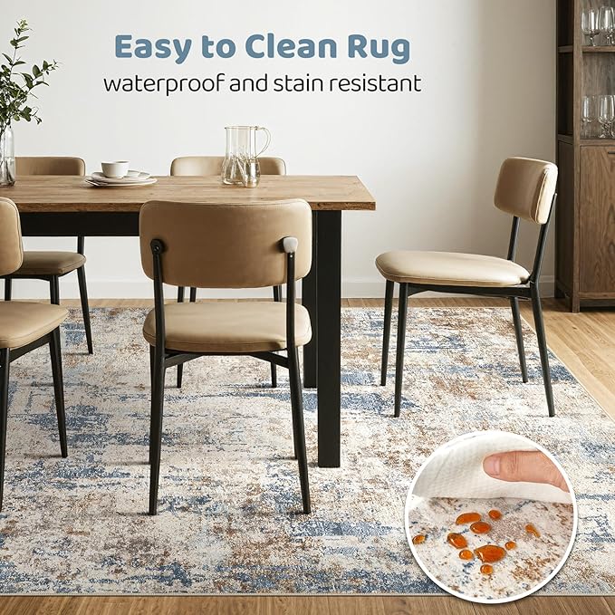 10x12 Area Rug Living Room: Washable Large Abstract Modern Soft Rugs Stain Resistant Indoor Floor Non Slip Accent Carpet for Bedroom Nursery Playroom Office Dining Room Dorm Home House- Tan Blue