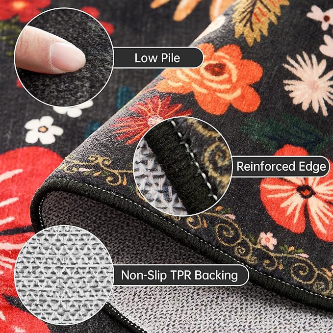 2x6 Rug Runners for Hallways Non Slip Washable Runner Rug with Rubber Backing Sound Absorbing Vintage Boho Floral Low Pile Thin Rug for Kitchen Bedroom Entrance Laundry Bathroom Living Room,Black