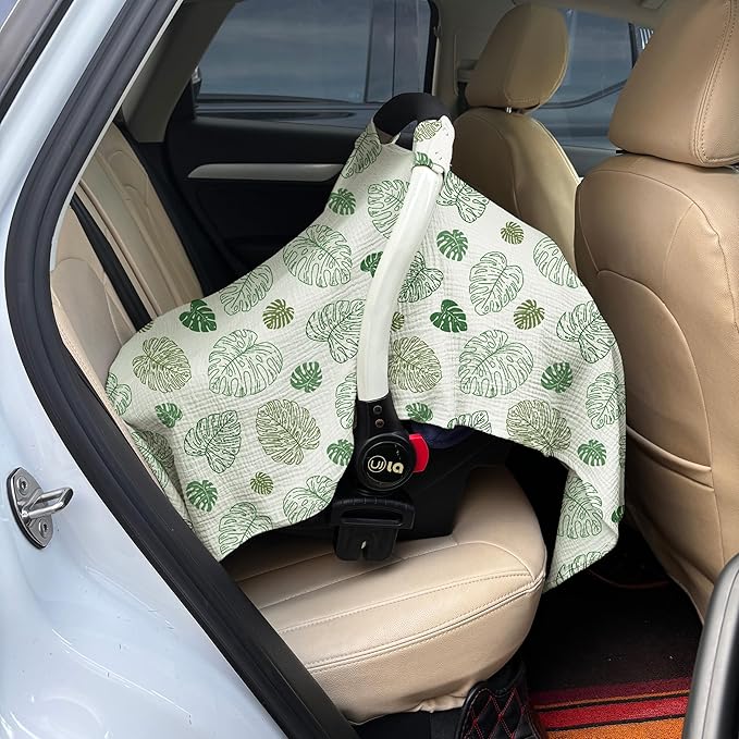 100% Muslin Cotton Car Seat Cover Baby, Carseat Canopy Cover, Universal Fit Stroller Covers for Boys and Girls (Monstera Green)