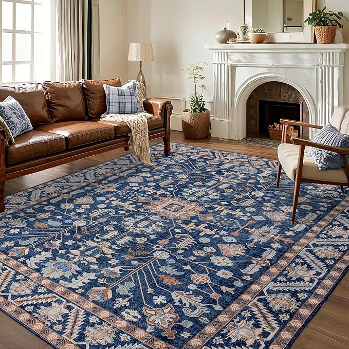 10x14 Area Rug Washable: Oriental Soft Area Rug for Living Room Bedroom No Shedding - Low Pile Thin Carpet Rug for Dining Room Non Slip - Boho Vintage Rug for Home Decor - Navy Blue