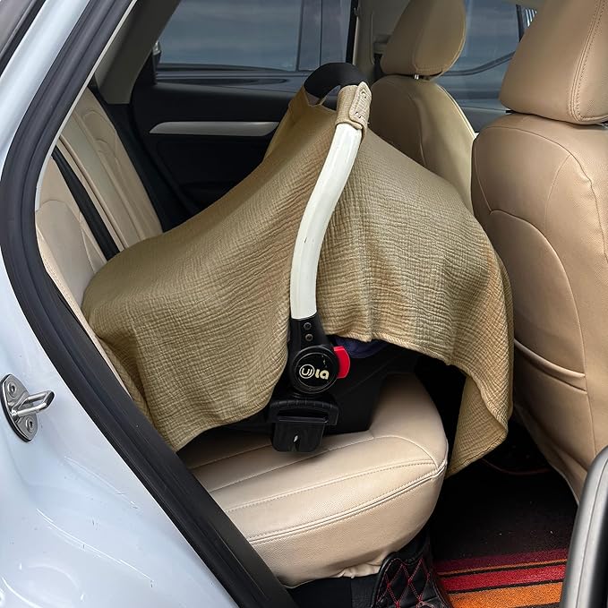 100% Muslin Cotton Car Seat Cover Baby, Carseat Canopy Cover, Universal Fit Stroller Covers for Boys and Girls (Coffee)