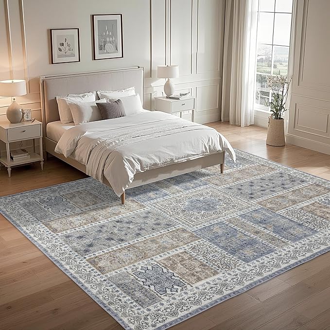 10x14 Area Rug Washable: Oriental Soft Area Rug for Living Room Bedroom No Shedding - Low Pile Thin Carpet Rug for Dining Room Non Slip - Boho Vintage Rug for Home Decor - Blue Grey