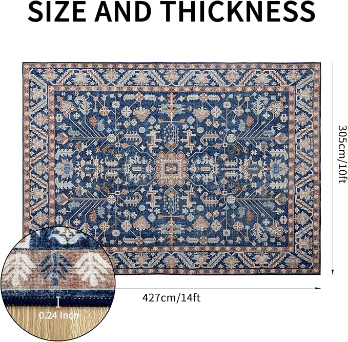 10x14 Area Rug Washable: Oriental Soft Area Rug for Living Room Bedroom No Shedding - Low Pile Thin Carpet Rug for Dining Room Non Slip - Boho Vintage Rug for Home Decor - Navy Blue