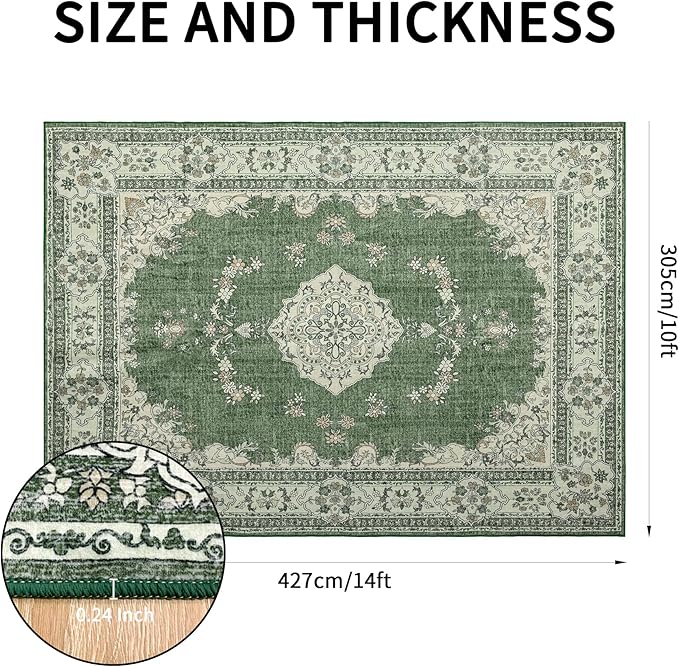 10x14 Area Rug Washable: Oriental Soft Area Rug for Living Room Bedroom No Shedding - Low Pile Thin Carpet Rug for Dining Room Non Slip - Boho Vintage Rug for Home Decor - Olive Green