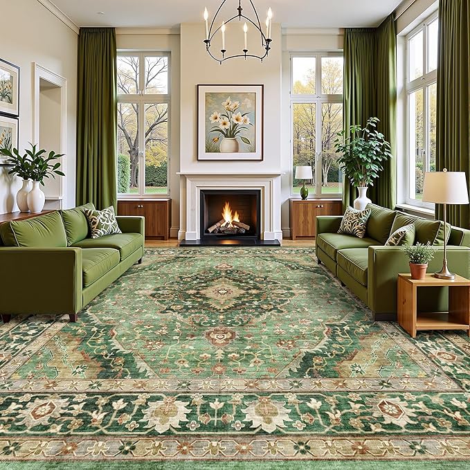 10x12 Green Rugs for Living Room Bedroom, Washable Area Rugs Non Slip Large Rug for Dining Room Office, Floor Decoration Vintage Boho Big Rug Carpet Low-Pile Kid & Pet Friendly
