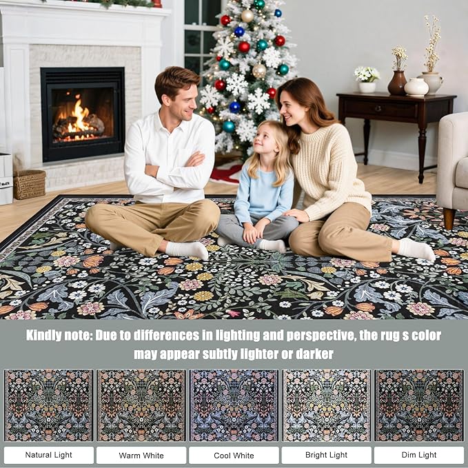 10x14 Area Rugs for Living Room: Floral Washable Rug Vintage Large Soft Boho Non-Slip Carpet Indoor Stain Resistant Low Pile Carpets for Bedroom Dining Room Farmhouse Nursery Home Office Dark Black