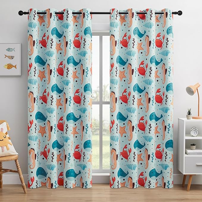 Kids Blackout Curtains - Ocean Whale Design, 100% Blackout, 2 Panels, Each W52×L84, Thermal Insulated for Bedroom, Noise Reducing, Excellent Colorfastness, Dive into an Underwater Adventure