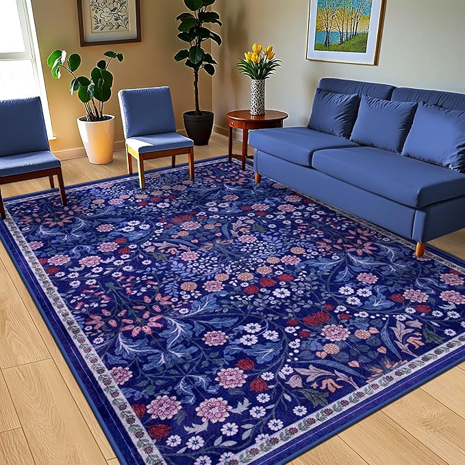 10x14 Area Rugs for Living Room: Floral Washable Rug Vintage Large Soft Boho Non-Slip Carpet Indoor Floor Stain Resistant Low Pile Carpets for Bedroom Dining Room Farmhouse Nursery Hallway Home Office
