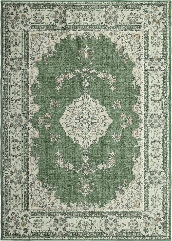 10x14 Area Rug Washable: Oriental Soft Area Rug for Living Room Bedroom No Shedding - Low Pile Thin Carpet Rug for Dining Room Non Slip - Boho Vintage Rug for Home Decor - Olive Green