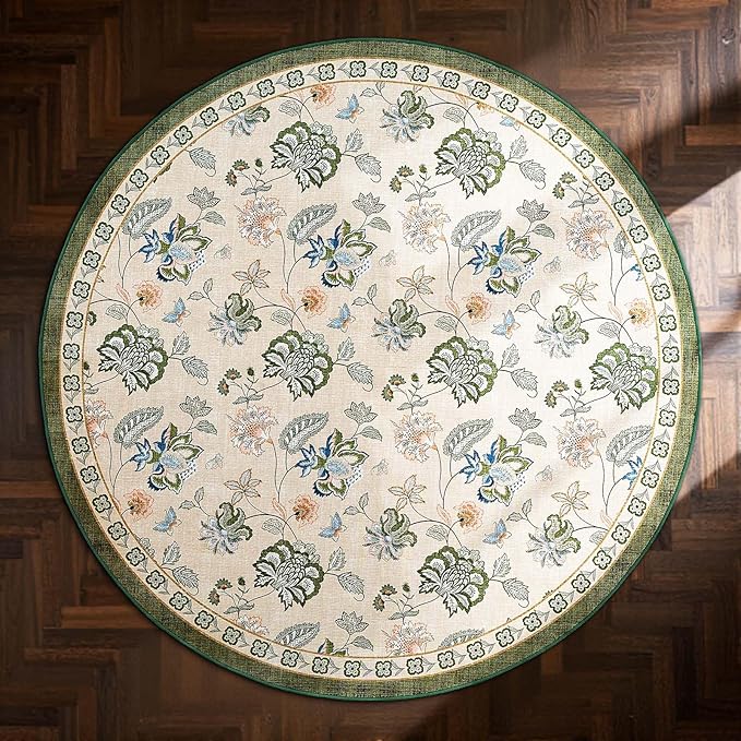 jinchan 8ft Floral Round Rug for Dining Room Washable Living Room Rug Vintage Romance Design Non Slip Indoor Floor Cover Lightweight Low-Profile Throw Carpet for Bedroom Porch Patio, Green/Beige