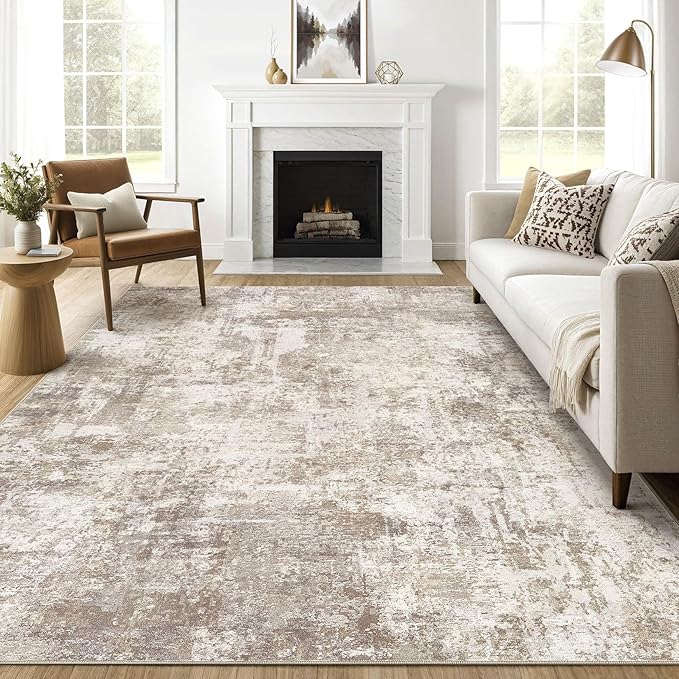10x14 Area Rugs Living Room: Washable Large Abstract Soft Rug Stain Resistant Indoor Floor Non-Slip Accent Carpet for Women Modern Home Enthusiasts Aged 25-45 - Bedroom Nursery Playroom- Beige Brown
