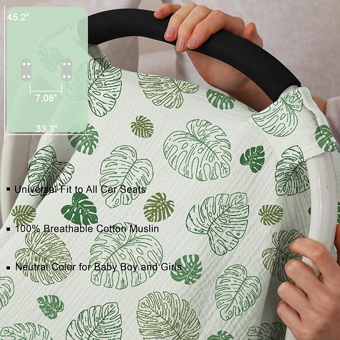 100% Muslin Cotton Car Seat Cover Baby, Carseat Canopy Cover, Universal Fit Stroller Covers for Boys and Girls (Monstera Green)