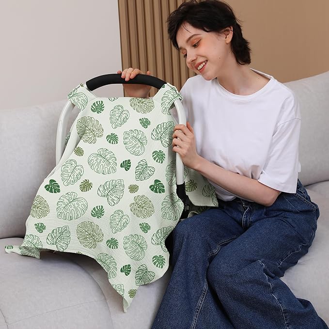 100% Muslin Cotton Car Seat Cover Baby, Carseat Canopy Cover, Universal Fit Stroller Covers for Boys and Girls (Monstera Green)