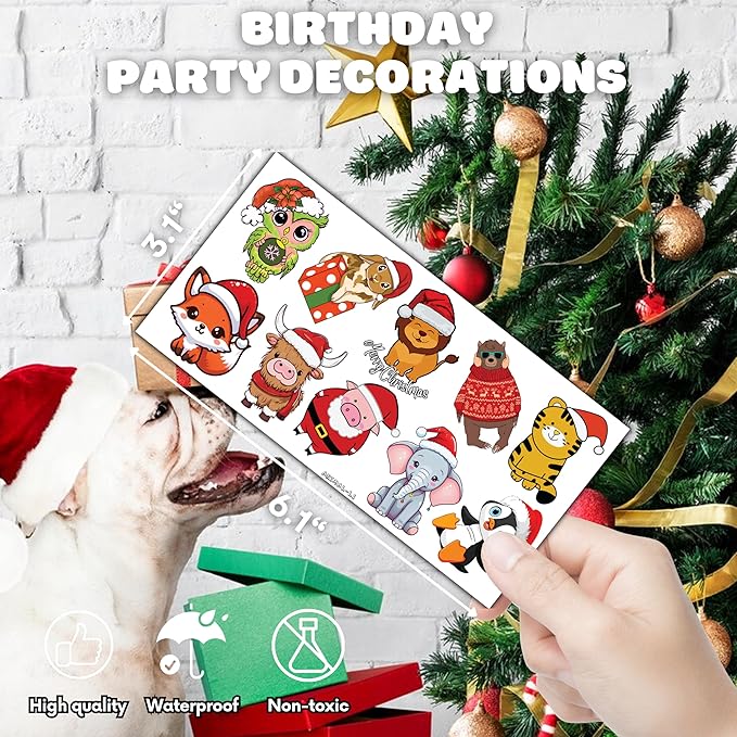 100 PCS Noel Christmas Animal Temporary Tattoos Sticker Jungle Birthday Christmas Party Decorations Supplies Favors Gifts Boys Girls Safari Zoo Cute Fake Tattoo School Reward Themed Santa Claus Xmas