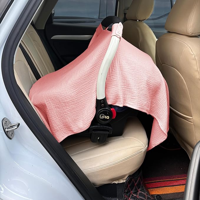 100% Muslin Cotton Car Seat Cover Baby, Carseat Canopy Cover, Universal Fit Stroller Covers for Boys and Girls (Pink)