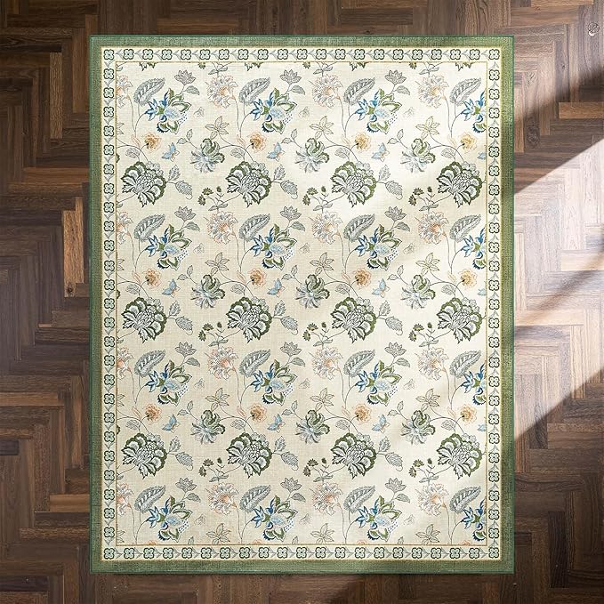 jinchan 8x10 Floral Rug for Living Room Washable Bedroom Rug Vintage Romance Design Non Slip Thin Indoor Floor Cover Large Low-Profile Throw Carpet for Dining Room Office, Green/Beige