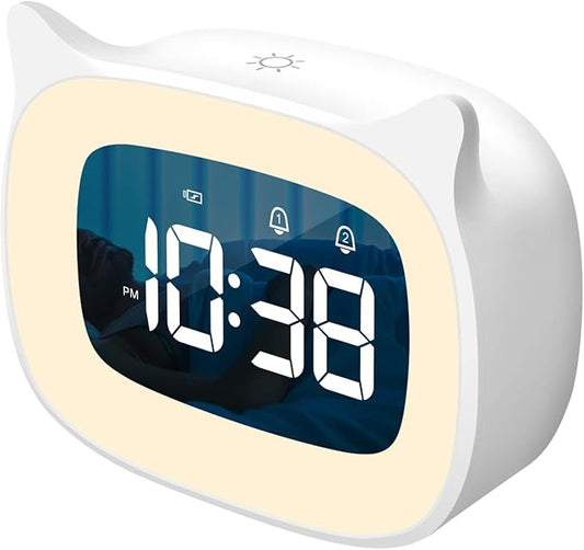Kids Alarm Clock with Night Light & 18 Ringtones,Rechargeable,Cute Cat Ear Clock for Boys Girls Birthday Presents,Digital Clock for Children's Bedroom(White)