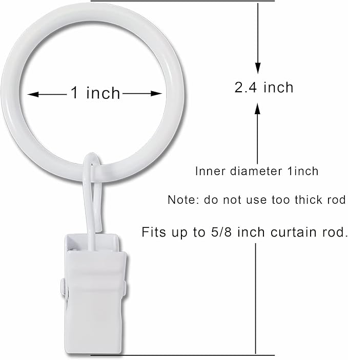 100 Pack White Curtain Rings with Clips, Curtain Hooks Hangers Clip Rings for Hanging Drapes Bows Hat, Drapery Rings 1 in I D, Fits up to 5/8 in Diameter Curtain Rod.