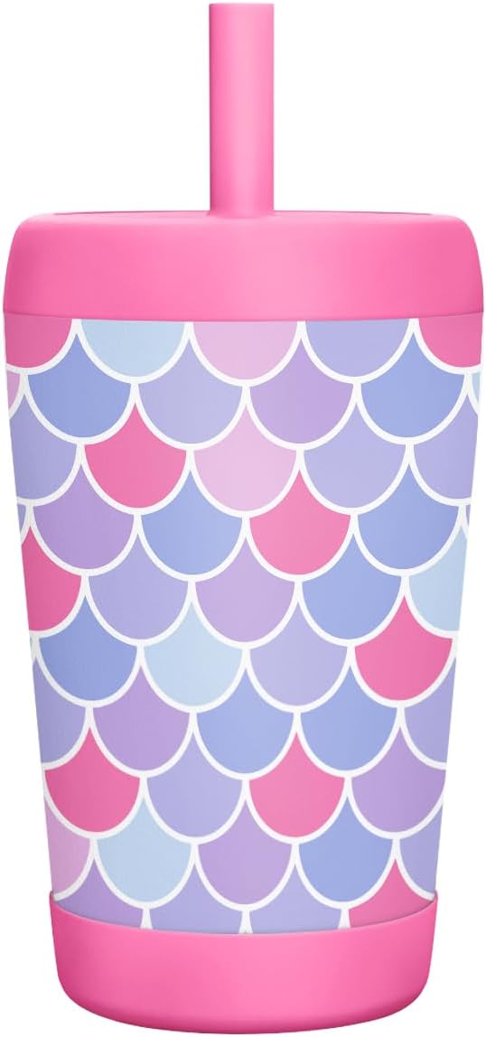 Kid Insulated Stainless Steel Tumbler with Silicone Straw, 12oz Sippy Cup for Kids (Mermaid Scale)