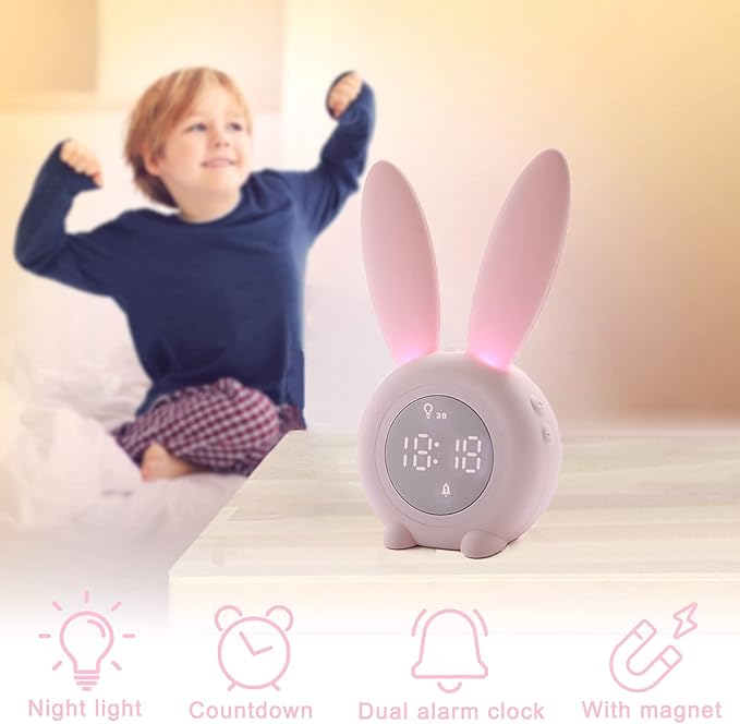 KDtech Kids Alarm Clock with Night Light 6 Ringtones, Cute Pink Bunny Digital Alarm Clock for Kids, Touch Control and Rechargeable Sleep Trainer Clock for Boys Girls Bedroom