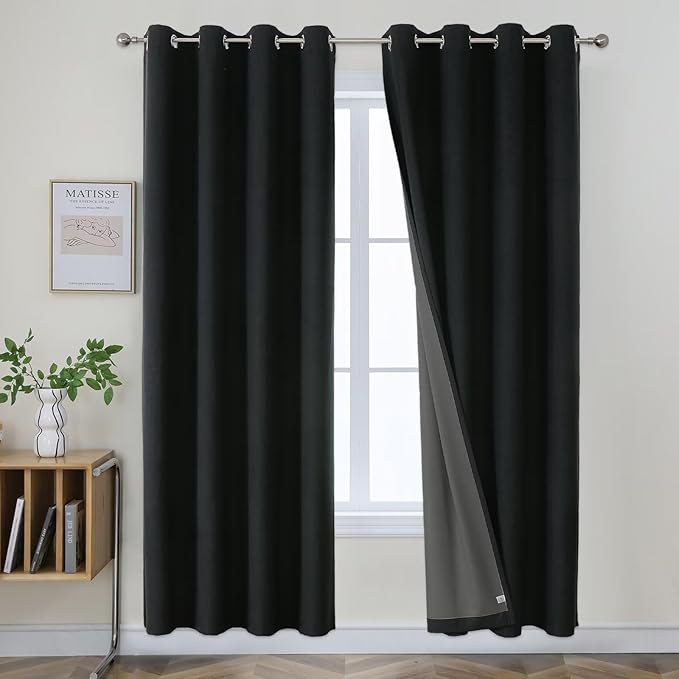 Joydeco Blackout Curtains 90 Inches Long 2 Panels Burg, Room Darkening Curtains for Bedroom, 100% Black Out Textured Thermal Drapes Privacy Protection 2 Panels Set(W52 x L90 Inch, Black)