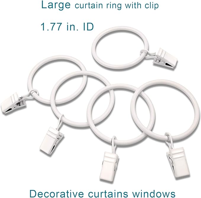20 Pack White Curtain Rings with Clips, Curtain Hooks Hangers Clip Rings for Hanging Drapes Bows Hat, Drapery Rings 1.77 in I D, Fits up to 1.5 in Diameter Curtain Rod.
